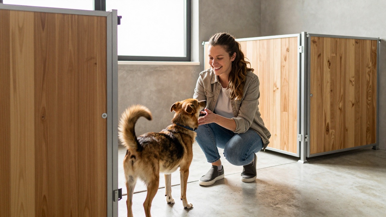 Familie lernt einen Hund im Tierheim vor der Adoption kennen