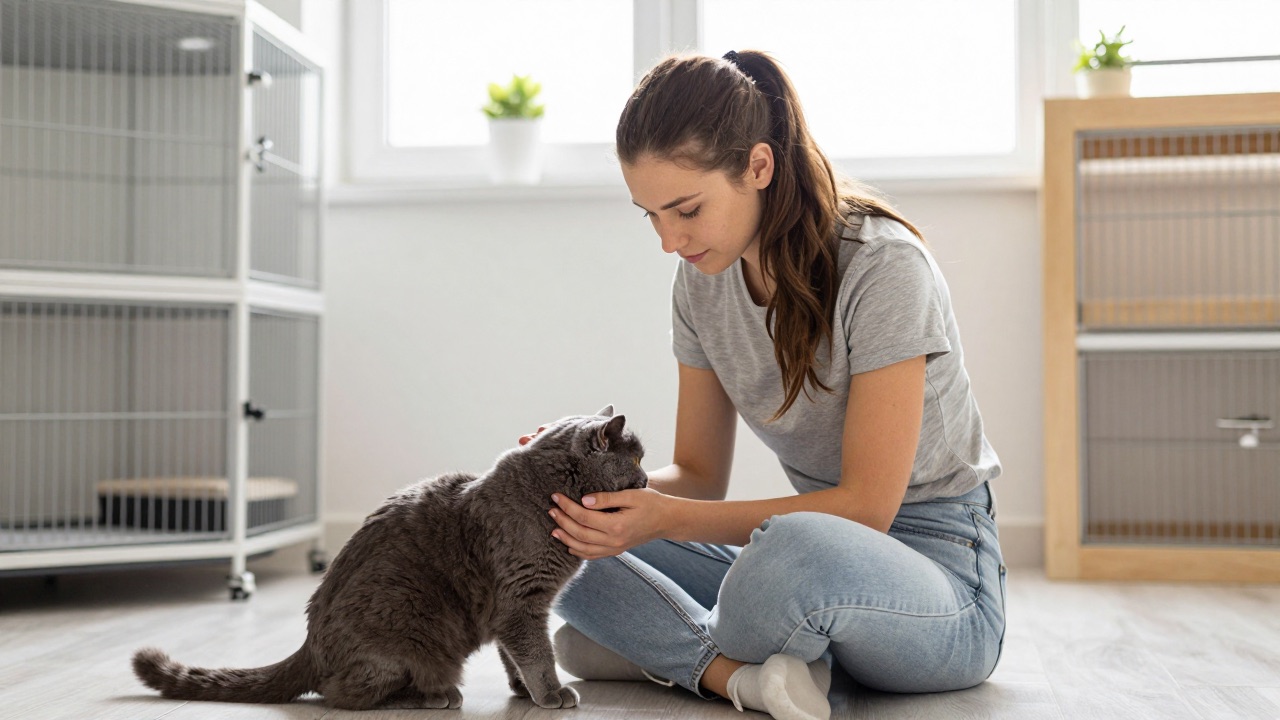Frau lernt im Tierheim eine Katze kennen