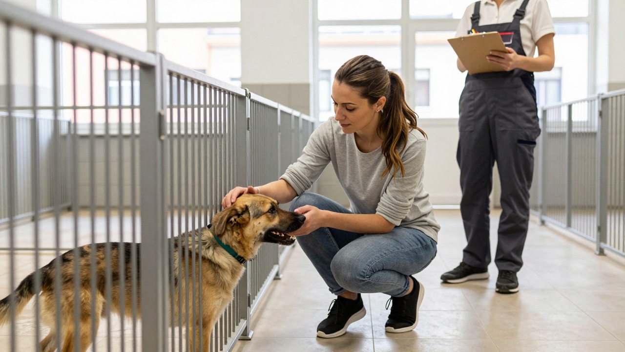 Frau streichelt einen Hund durch das Gitter eines Tierheim-Zwingers, im Hintergrund eine Tierpflegerin
