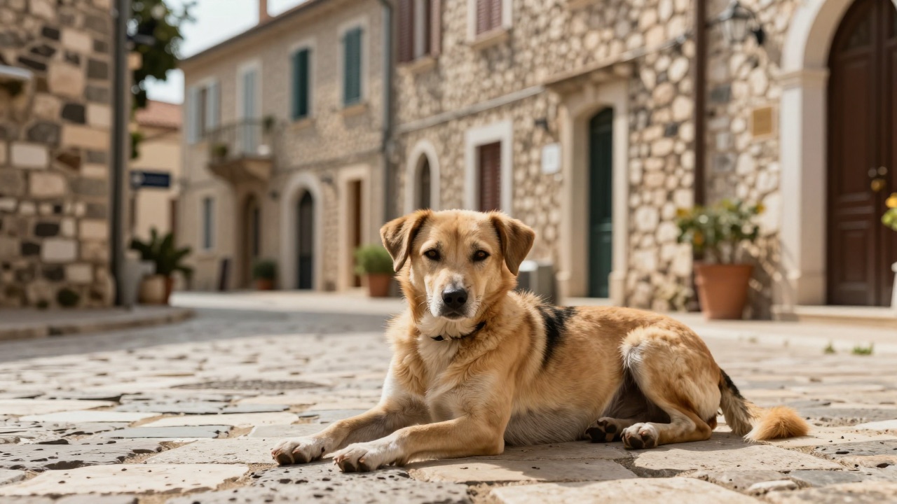 Herrenloser Hund auf einer sonnigen Straße in einer südeuropäischen Kleinstadt