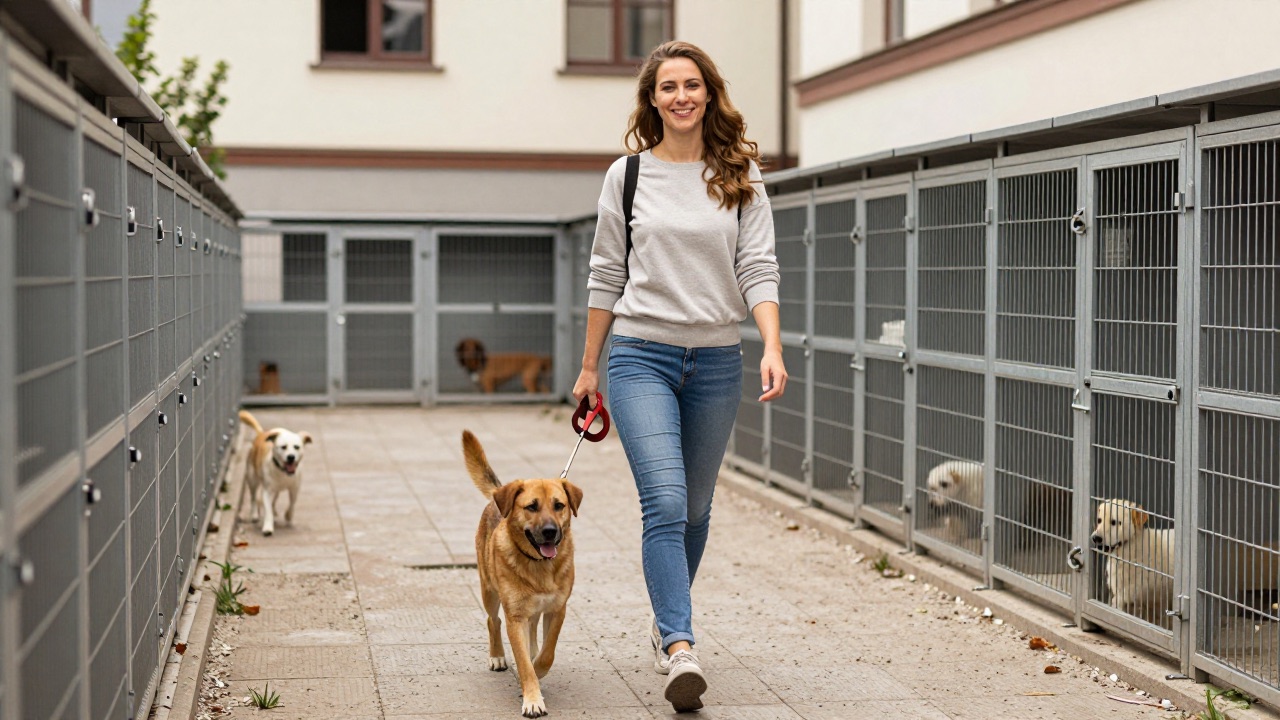 Ehrenamtliche Helferin geht mit einem Hund aus dem Tierheim spazieren