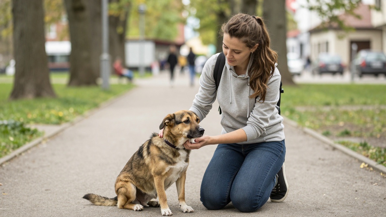 Frau kniet behutsam neben einem gefundenen, herrenlosen Hund im Park