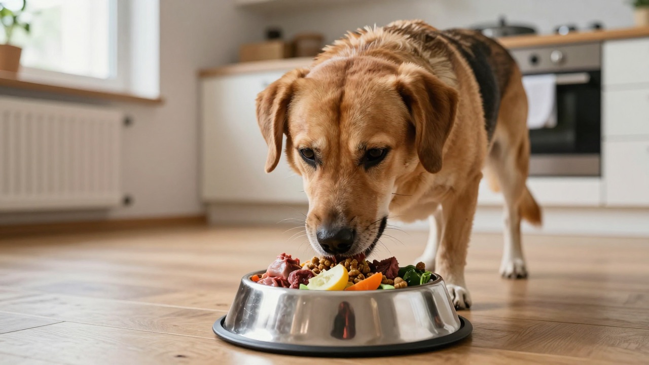 Hund frisst ausgewogenes Futter aus einem Napf in gemütlicher Wohnküche