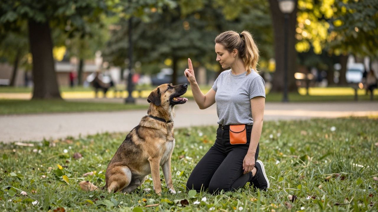 Frau übt mit ihrem Hund im Park das Grundkommando Sitz