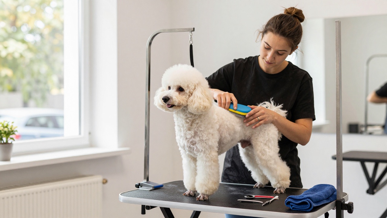Hund wird beim Hundefriseur gebürstet und gepflegt