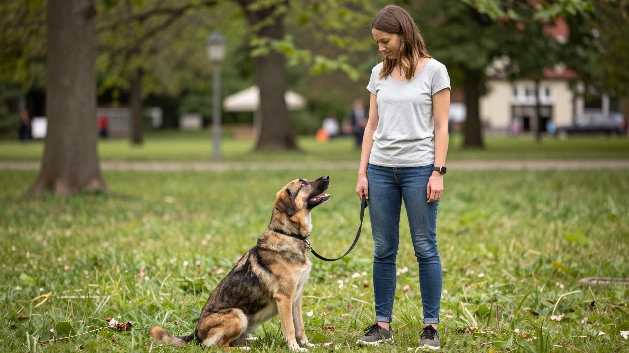 Hundehalterin übt mit ihrem Hund Gehorsamsübungen im Park für den Hundeführerschein