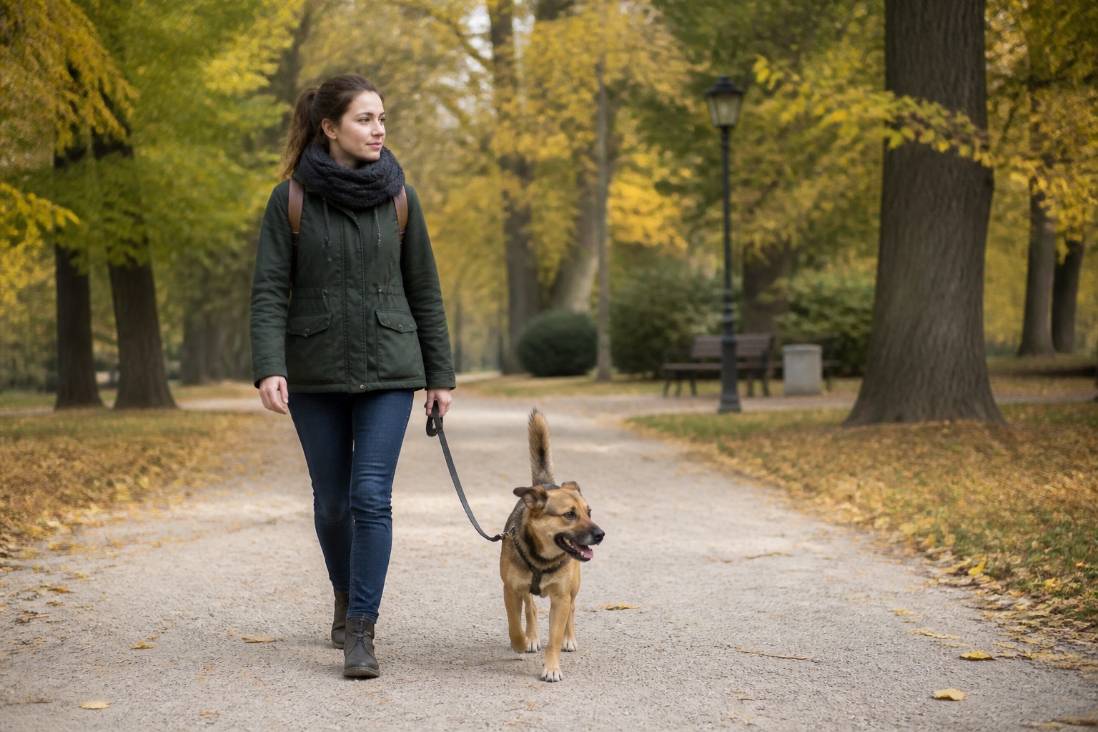 Frau spaziert mit angeleintem Hund im Park