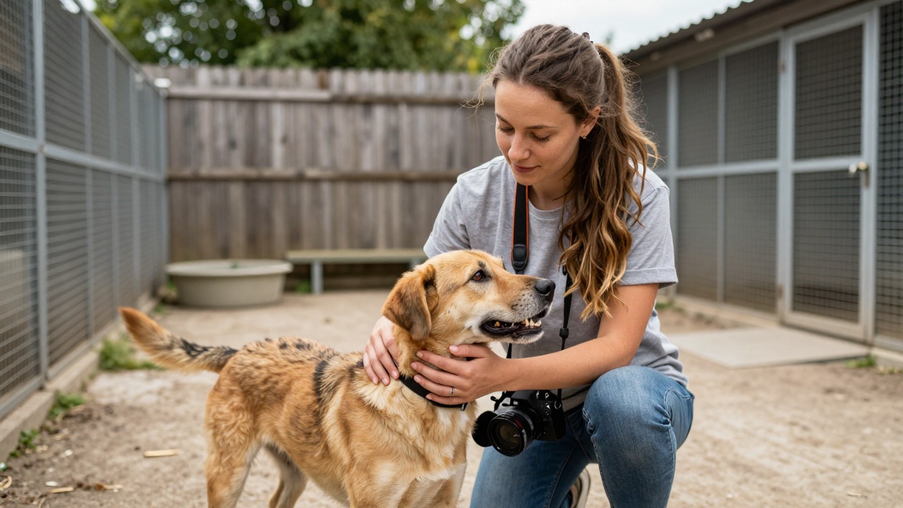 Freiwillige Helferin streichelt einen geretteten Hund im Tierschutzverein