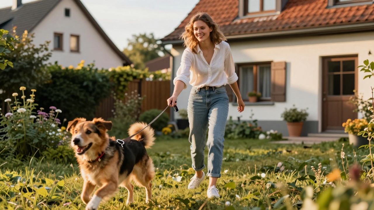Hundehalterin ruft lachend ihren Hund im Garten