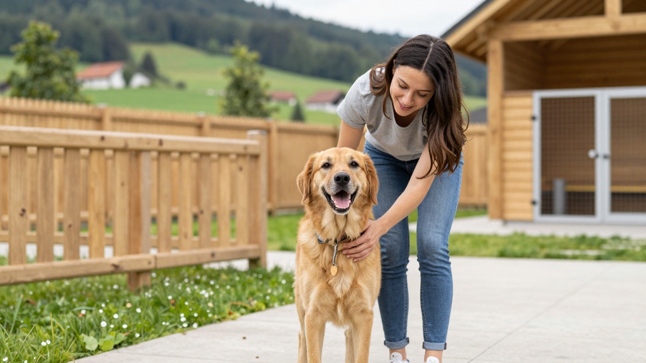 Hund wird von einer Betreuerin in einer Hundepension im Freien betreut