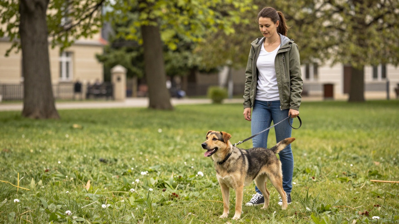 Hundetrainerin übt mit einem Hund an der Leine auf einer Wiese