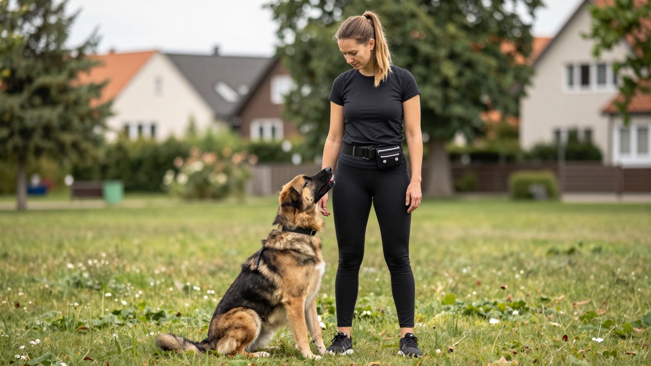Frau trainiert mit ihrem Hund im Park das Sitz-Kommando