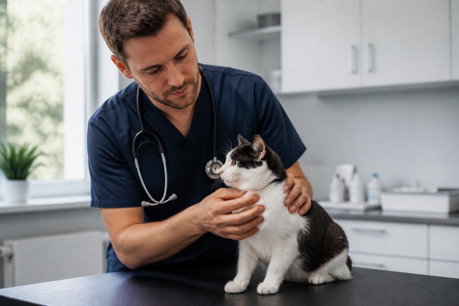 Tierarzt untersucht eine Katze vor einer Kastration