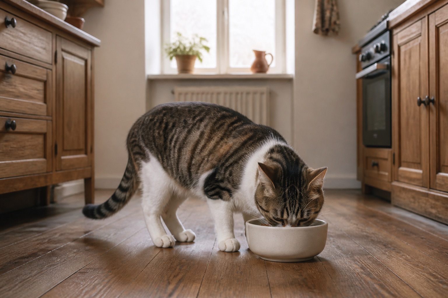 Gesunde Hauskatze frisst aus einem Futternapf