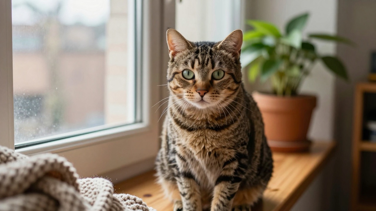 Getigerte Katze sitzt aufmerksam auf einer Fensterbank in gemütlicher Wohnung