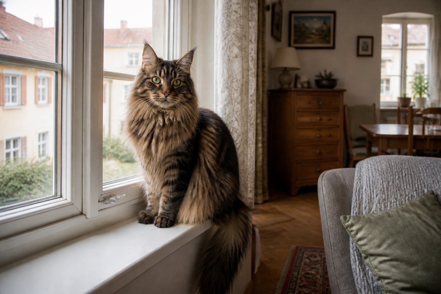 Maine Coon Katze sitzt entspannt auf einer Fensterbank im Wohnzimmer