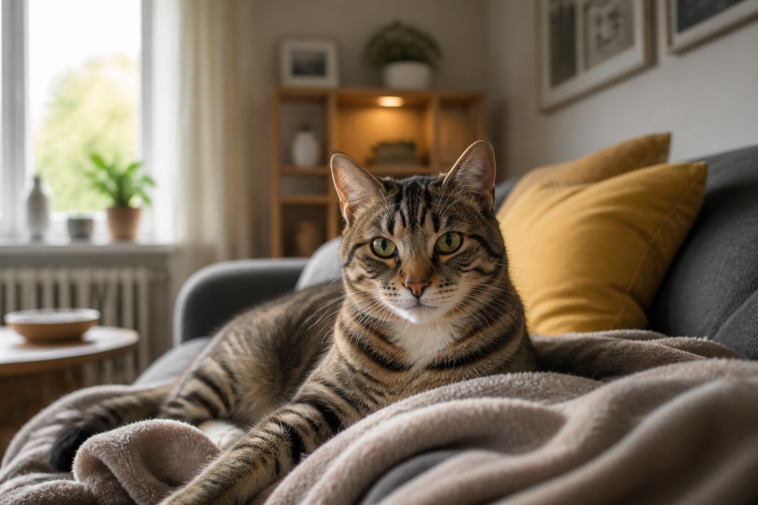 Katze liegt entspannt auf einer Decke im neuen Zuhause
