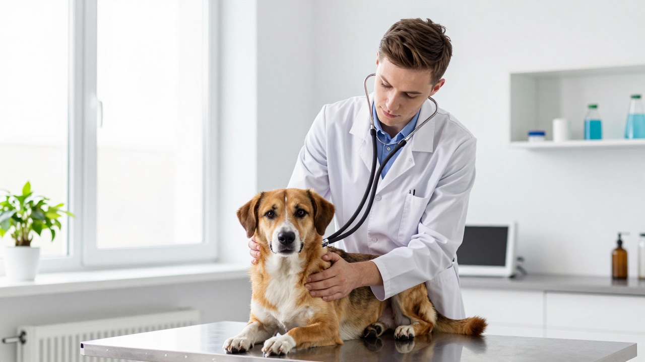 Tierärztin untersucht einen Hund in einer Tierarztpraxis