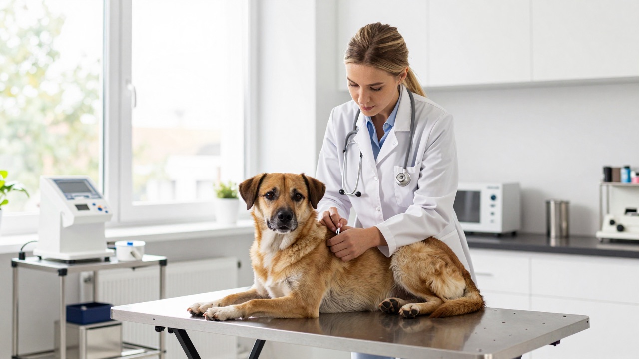 Tierarzt impft einen Hund während einer Vorsorgeuntersuchung