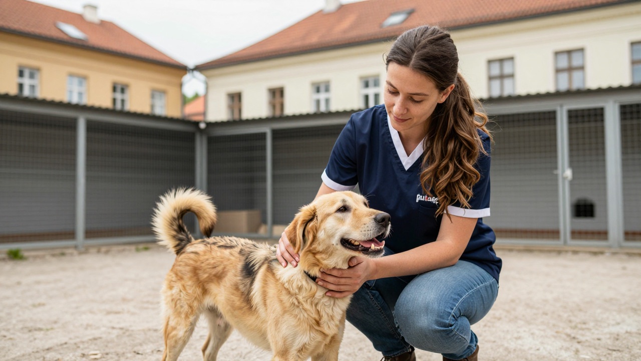 Ehrenamtliche Tierpflegerin kümmert sich liebevoll um einen Hund im Tierheim