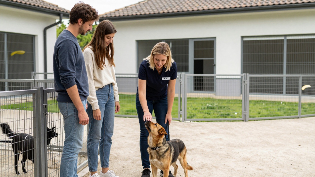 Mitarbeiterin des Tierheims im Gespräch mit Besuchern vor den Zwingern, im Hintergrund ein Hund
