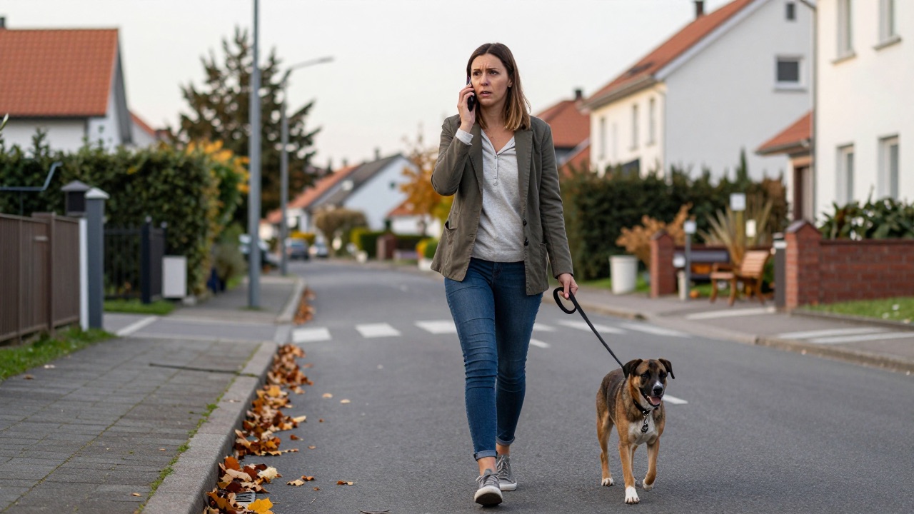 Frau sucht in einer Wohnsiedlung nach ihrem entlaufenen Hund