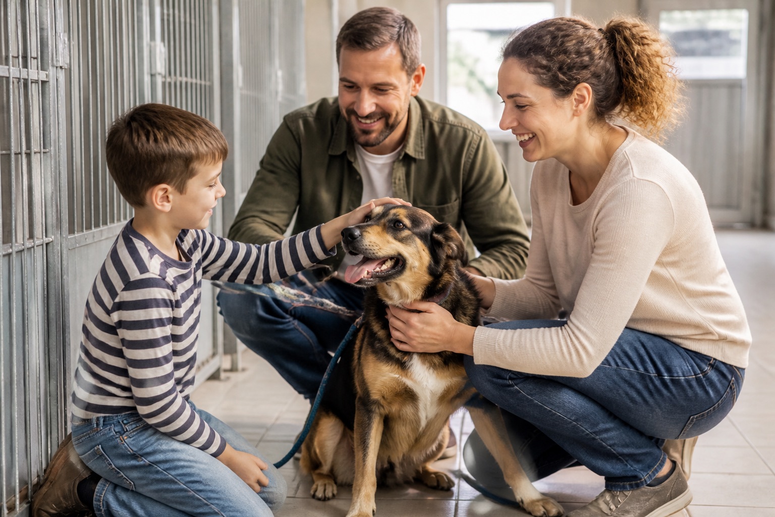 Familie lernt einen Hund im Tierheim kennen