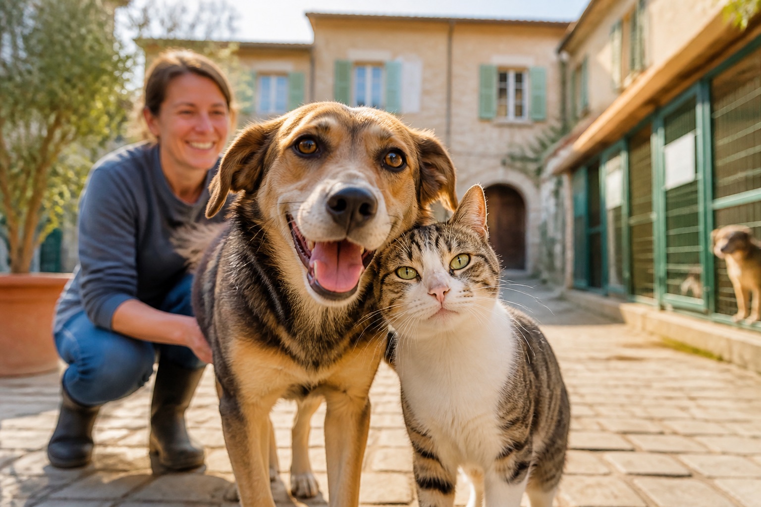 Hund und Katze mit einer Tierpflegerin im Tierheim